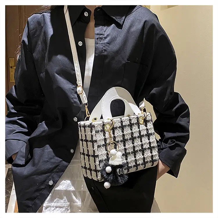 Women's Black White Checkered Daffy Shoulder Bag with Pearl Decor — feature 14