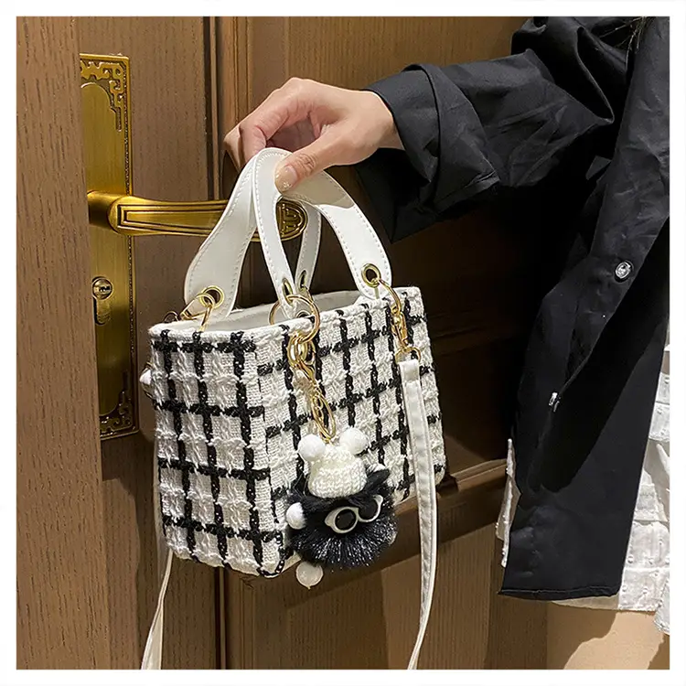 Women's Black White Checkered Daffy Shoulder Bag with Pearl Decor — feature 15