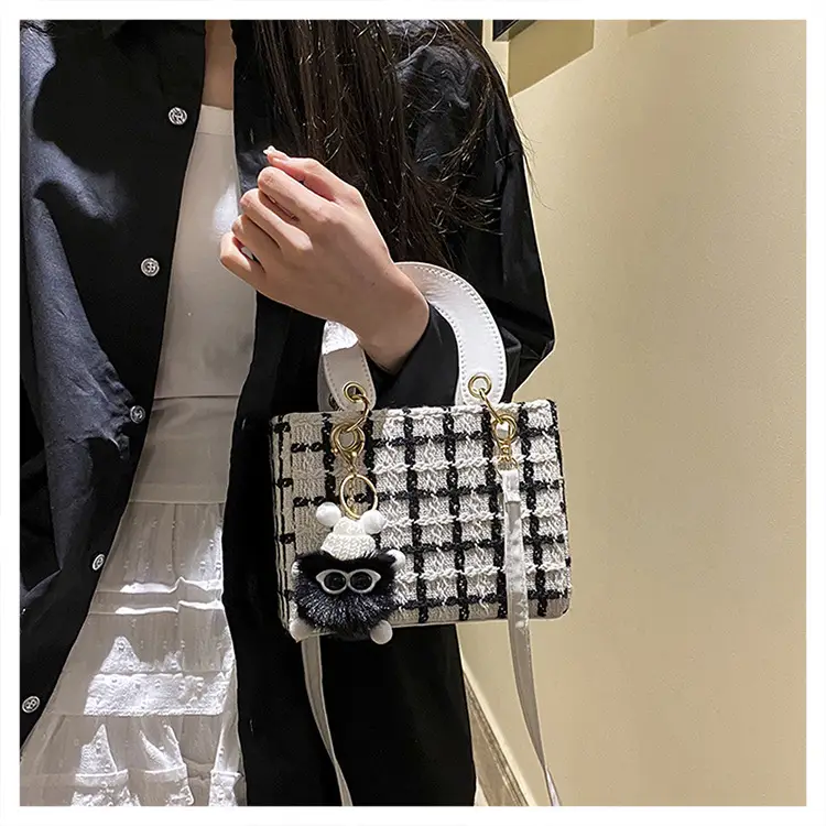 Women's Black White Checkered Daffy Shoulder Bag with Pearl Decor — feature 16