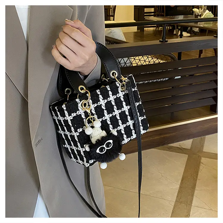 Women's Black White Checkered Daffy Shoulder Bag with Pearl Decor — feature 17