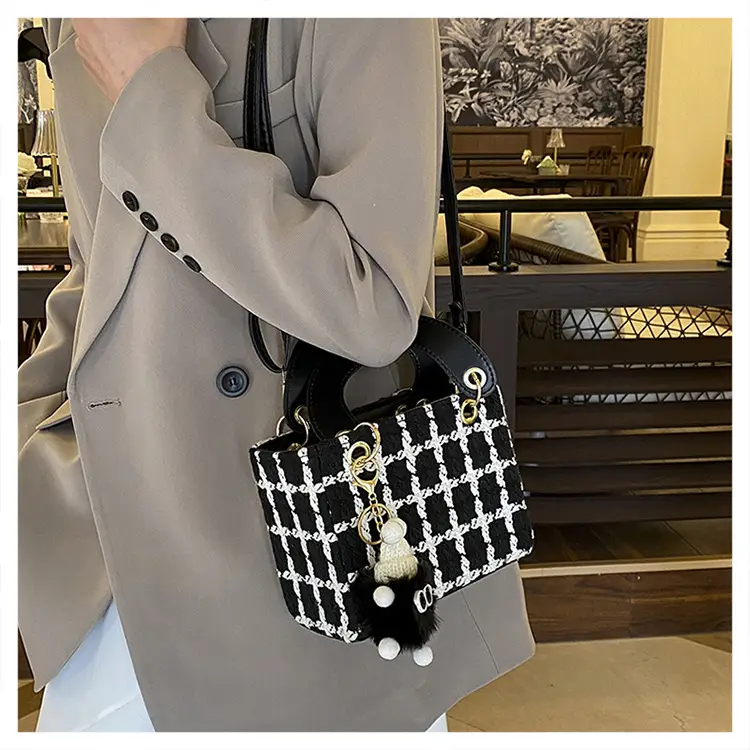 Women's Black White Checkered Daffy Shoulder Bag with Pearl Decor — feature 19