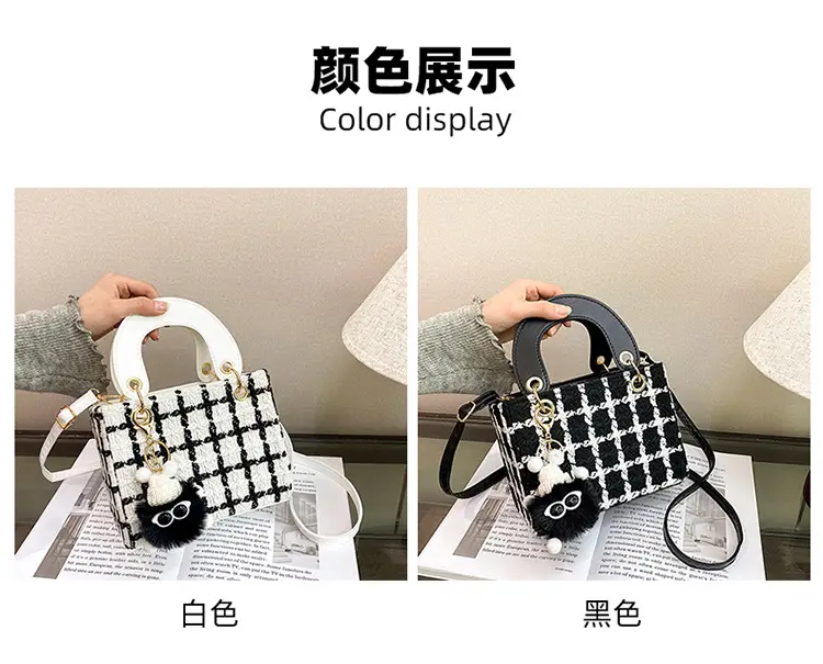 Women's Black White Checkered Daffy Shoulder Bag with Pearl Decor — feature 2