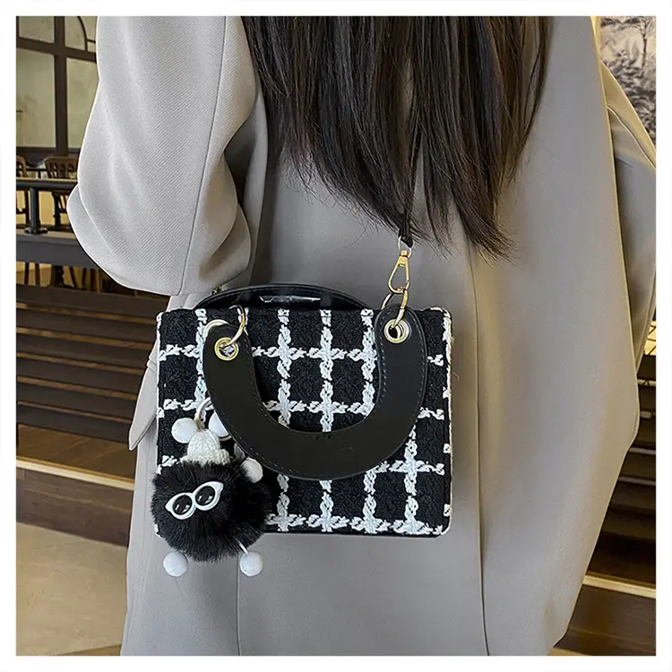 Women's Black White Checkered Daffy Shoulder Bag with Pearl Decor — feature 20