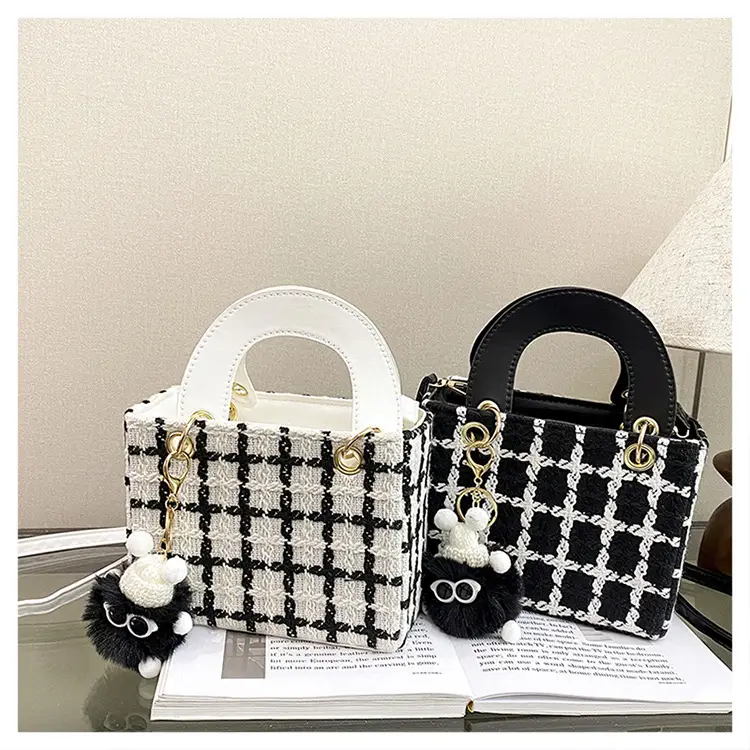 Women's Black White Checkered Daffy Shoulder Bag with Pearl Decor — feature 21