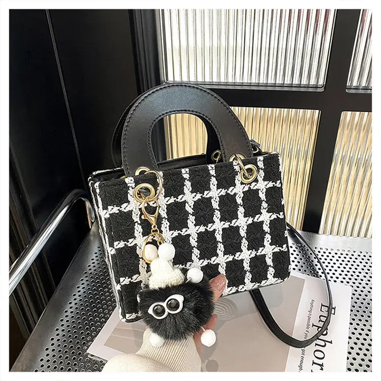 Women's Black White Checkered Daffy Shoulder Bag with Pearl Decor — feature 22