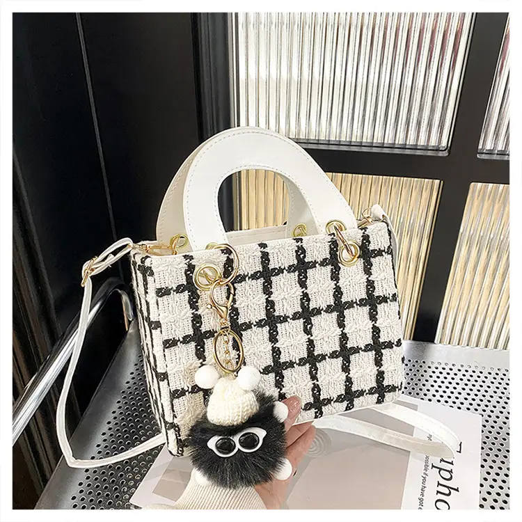 Women's Black White Checkered Daffy Shoulder Bag with Pearl Decor — feature 23