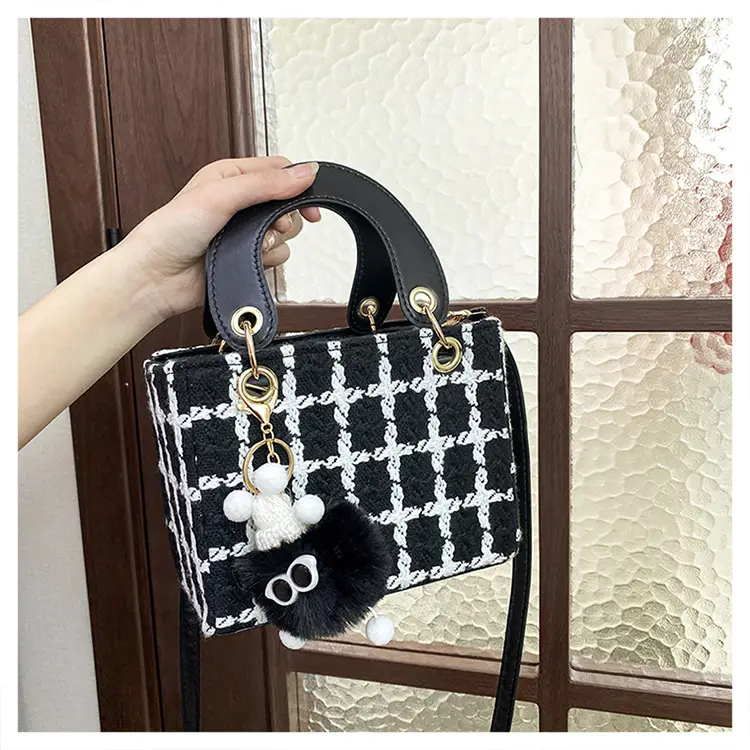 Women's Black White Checkered Daffy Shoulder Bag with Pearl Decor — feature 24
