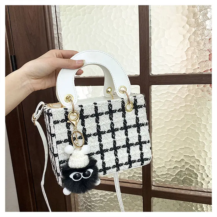 Women's Black White Checkered Daffy Shoulder Bag with Pearl Decor — feature 25