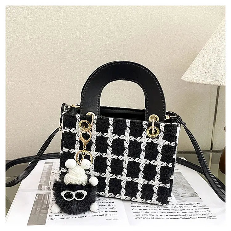 Women's Black White Checkered Daffy Shoulder Bag with Pearl Decor — feature 26