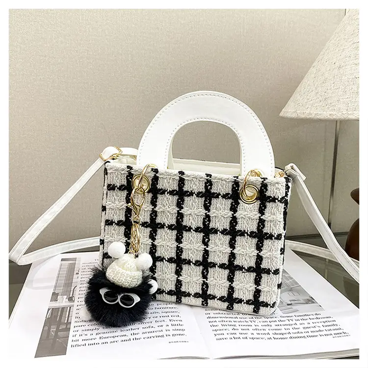 Women's Black White Checkered Daffy Shoulder Bag with Pearl Decor — feature 27