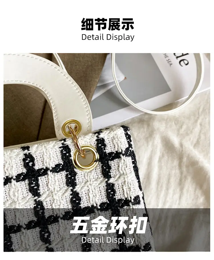 Women's Black White Checkered Daffy Shoulder Bag with Pearl Decor — feature 3
