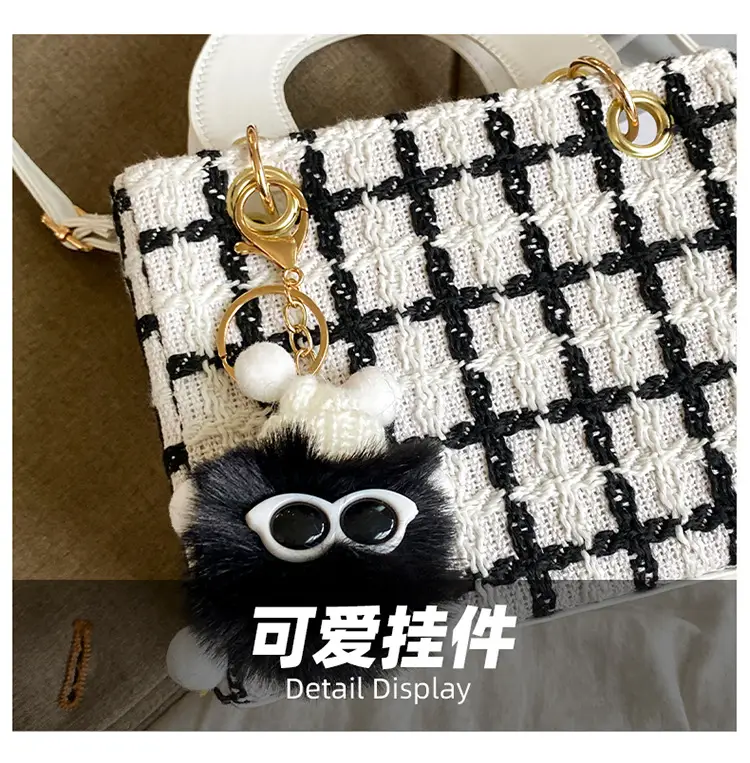 Women's Black White Checkered Daffy Shoulder Bag with Pearl Decor — feature 5