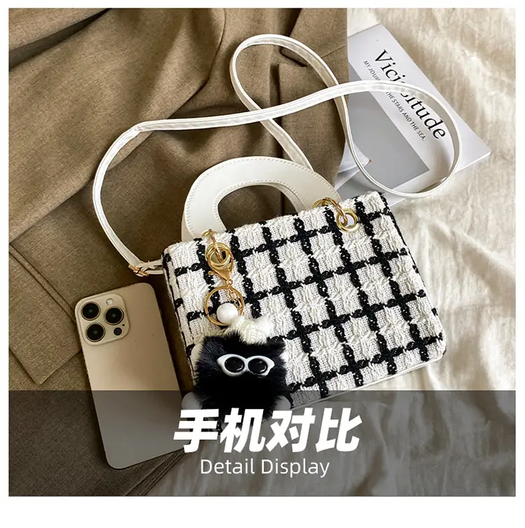 Women's Black White Checkered Daffy Shoulder Bag with Pearl Decor — feature 9