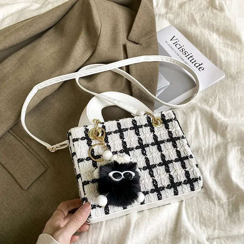Women's Black White Checkered Daffy Shoulder Bag with Pearl Decor - Image 2