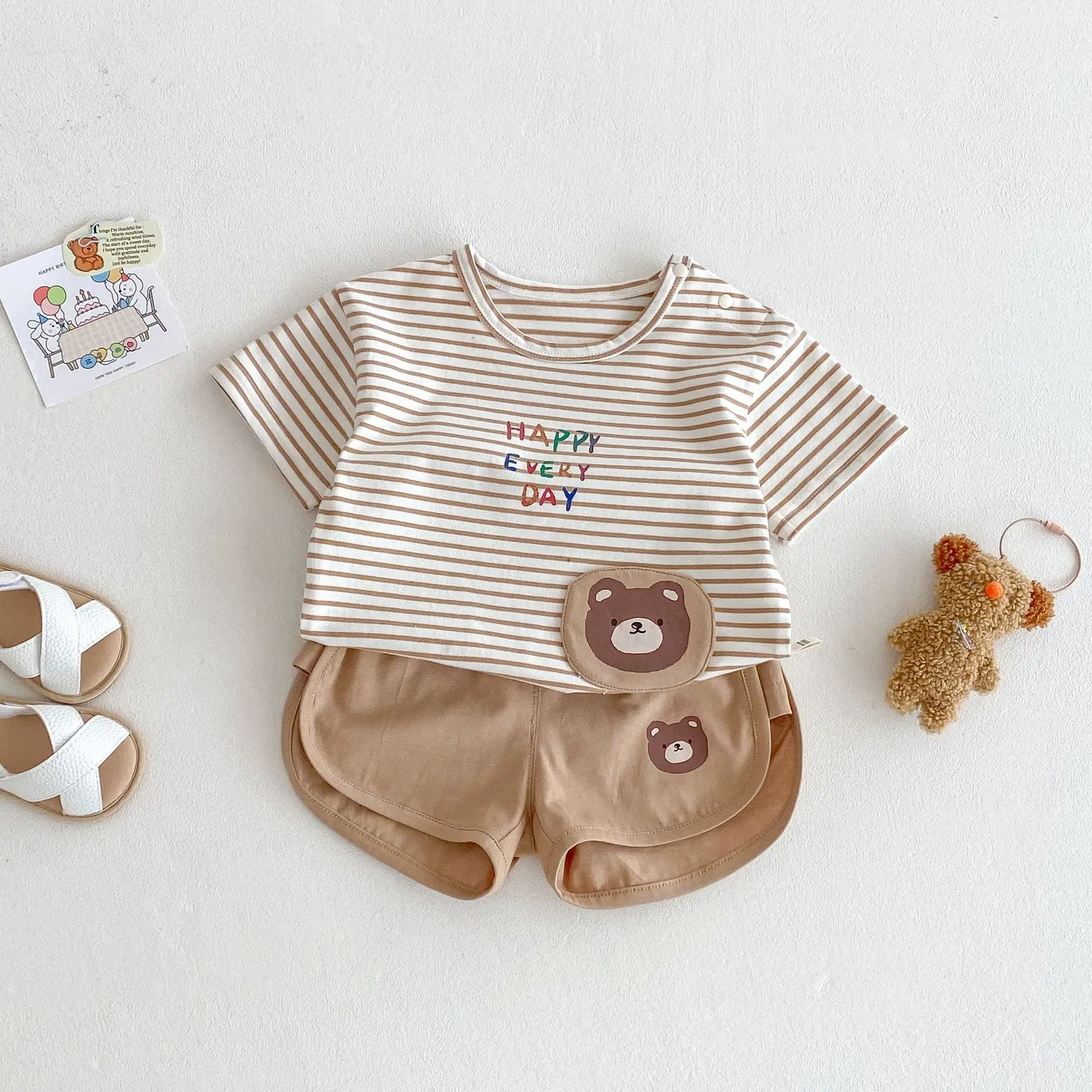 Girls Striped T-Shirt & Bear Shorts 2026 Set - Image 2