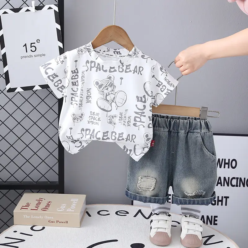Boys Cotton Space Bear Printed T-Shirt & Denim Shorts Set - Image 2