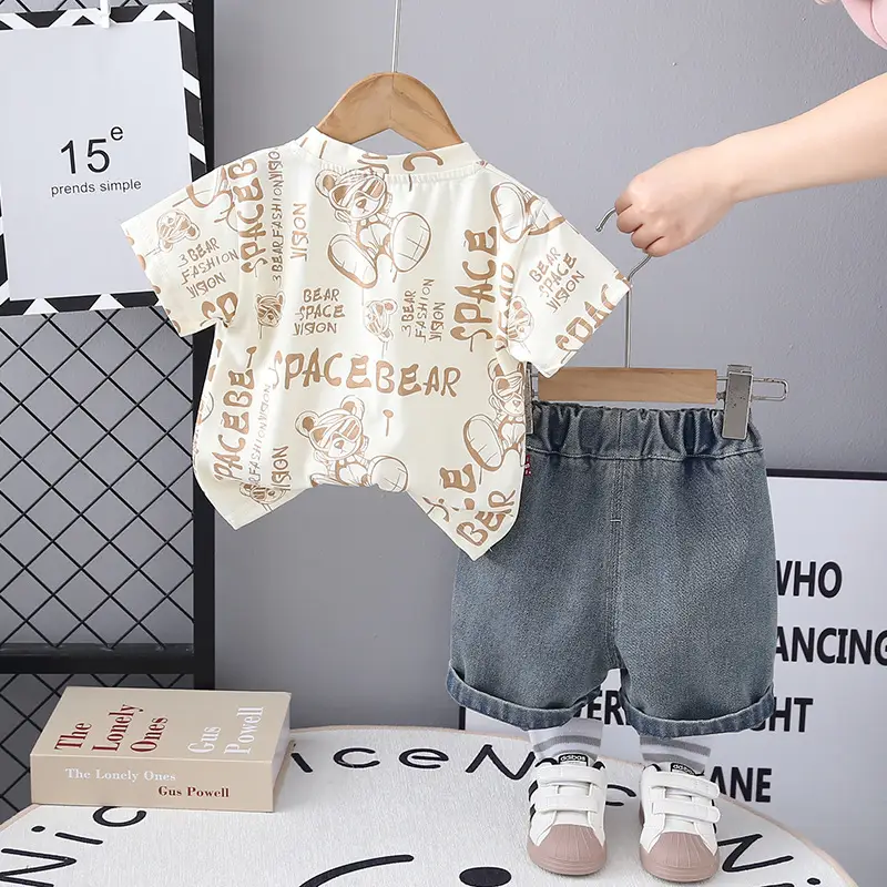 Boys Cotton Space Bear Printed T-Shirt & Denim Shorts Set - Image 5