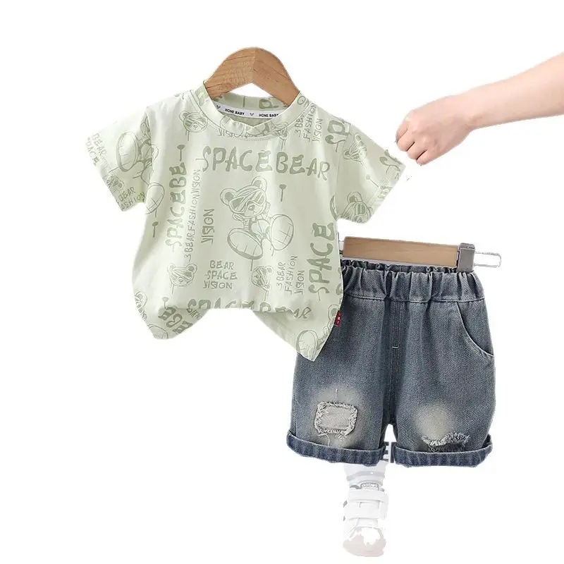 Boys Cotton Space Bear Printed T-Shirt & Denim Shorts Set - Image 6