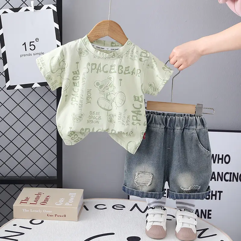 Boys Cotton Space Bear Printed T-Shirt & Denim Shorts Set - Image 3