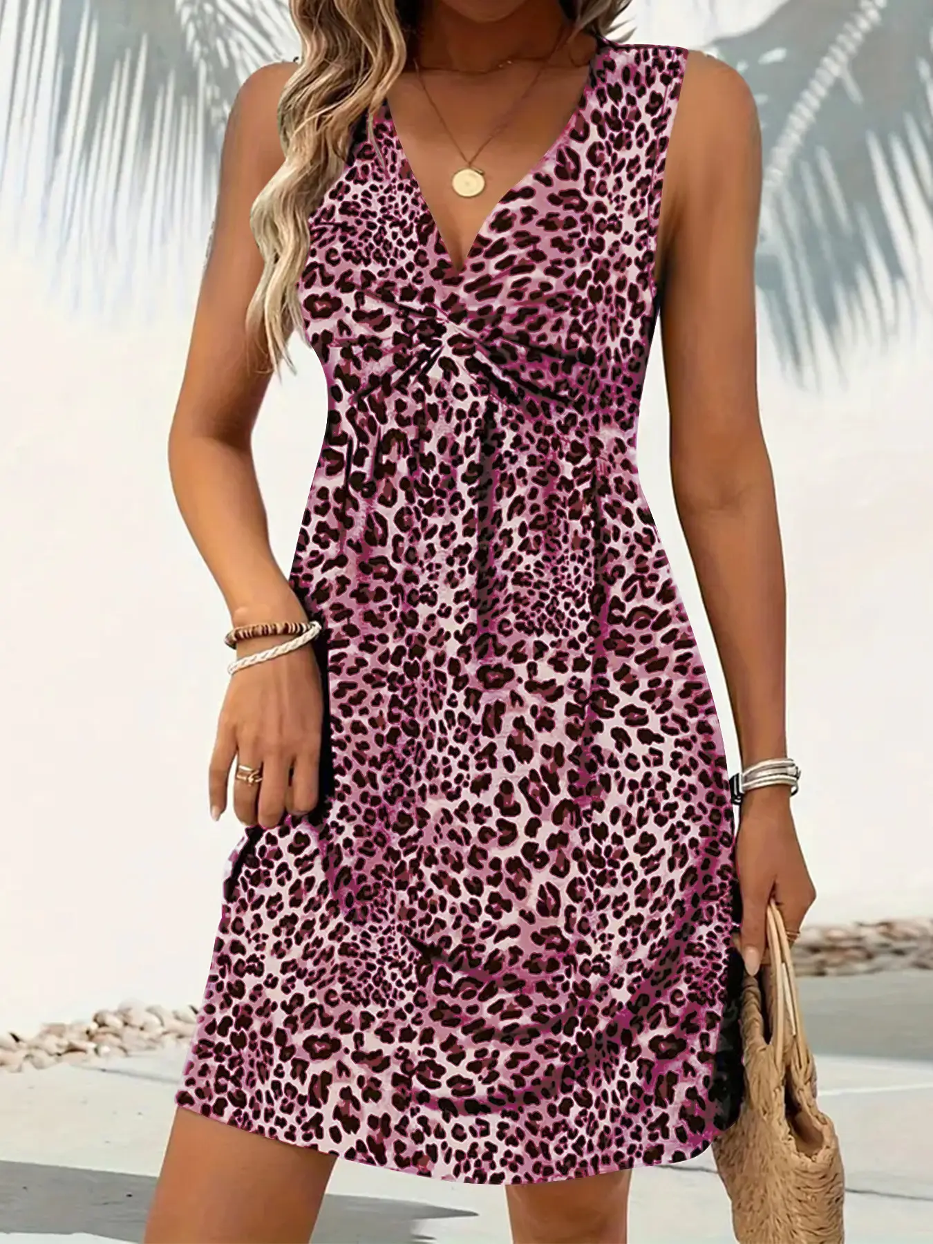 2025 Spring Leopard Print V-Neck Dress for Women