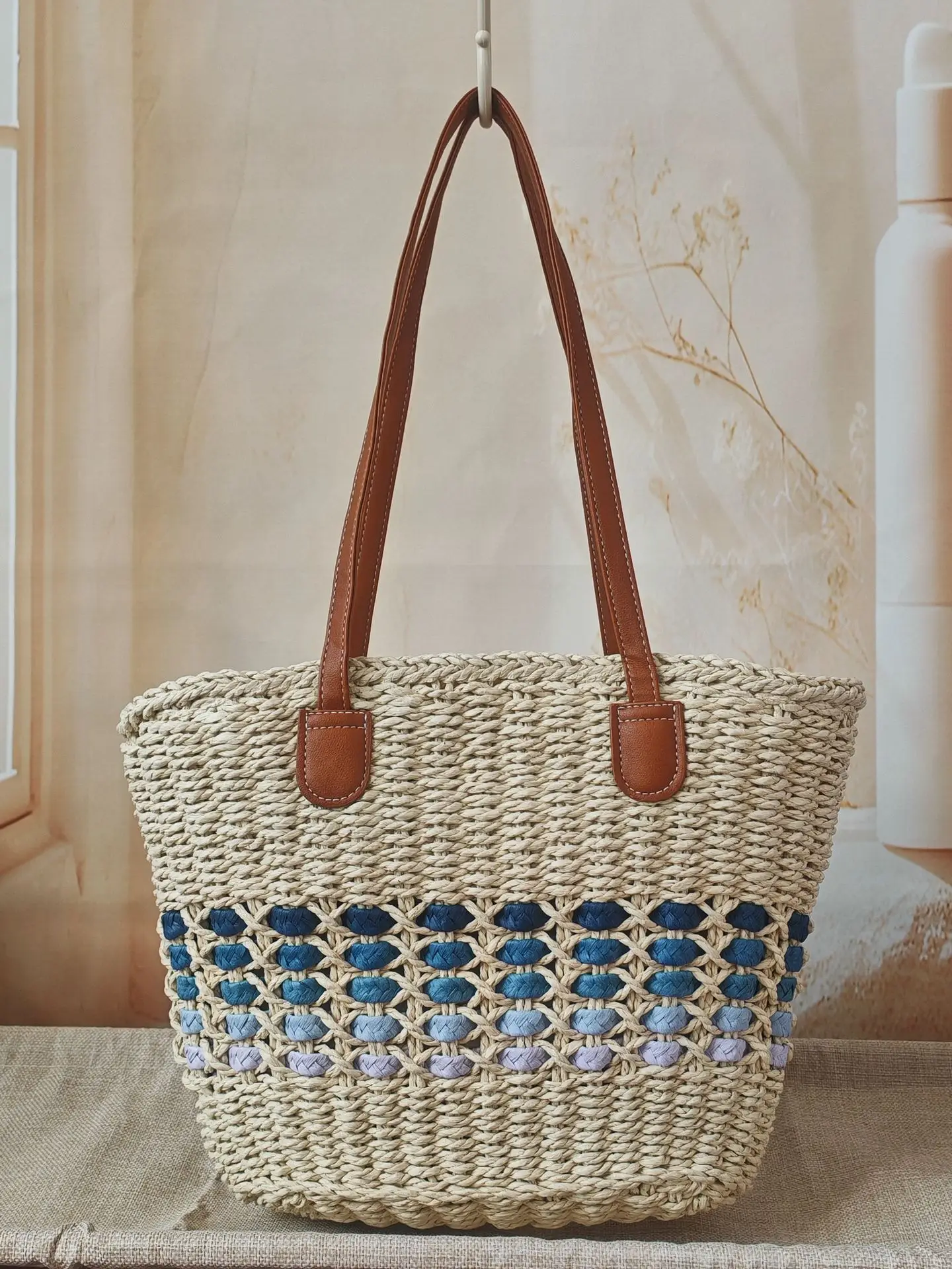 Women's Large Capacity Woven Beach Bag with Leather Handles - Image 3