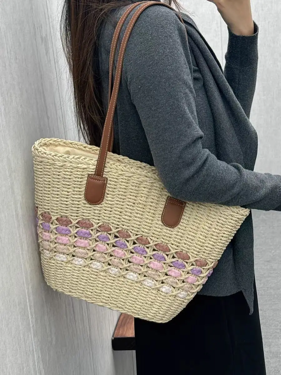 Women's Large Capacity Woven Beach Bag with Leather Handles - Image 4