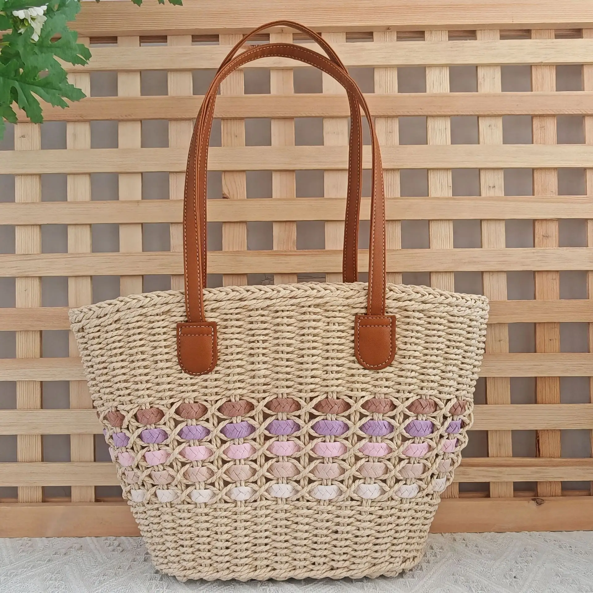 Women's Large Capacity Woven Beach Bag with Leather Handles — feature 5