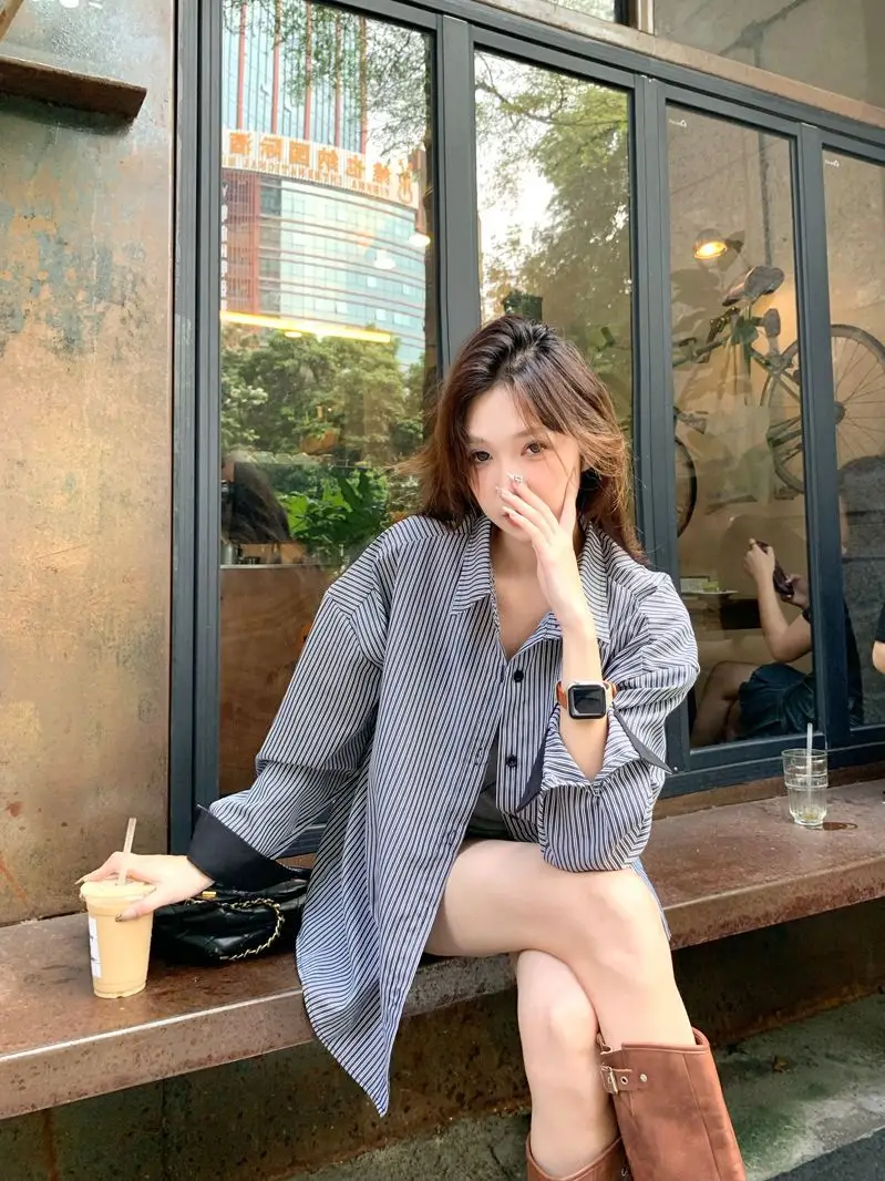 Women Long Sleeve Striped Collar Shirt Summer Niche Design — feature 7