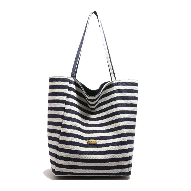 Blue Striped Knitted Tote Bag for Women