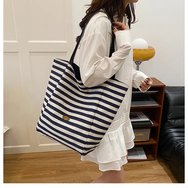 Blue Striped Knitted Tote Bag for Women — feature 13