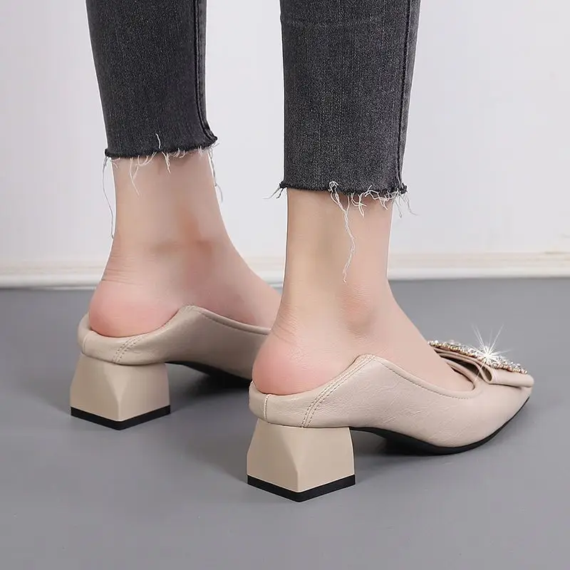 French-Style Rhinestone Single Shoes for Women, Chunky Heel, 2026 Spring and Autumn New Style, Shallow Mouth, Two-Way Wear, Square Toe Shoes, High Heels That Are Comfortable for Women - Image 5