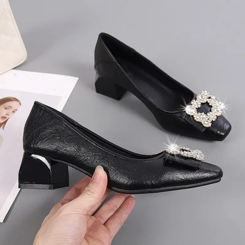 French-Style Rhinestone Single Shoes for Women, Chunky Heel, 2026 Spring and Autumn New Style, Shallow Mouth, Two-Way Wear, Square Toe Shoes, High Heels That Are Comfortable for Women - Image 6