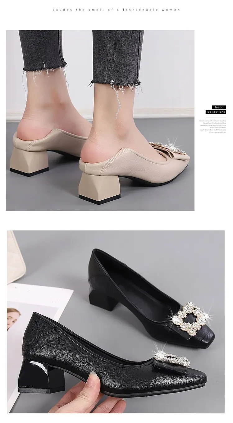French-Style Rhinestone Single Shoes for Women, Chunky Heel, 2026 Spring and Autumn New Style, Shallow Mouth, Two-Way Wear, Square Toe Shoes, High Heels That Are Comfortable for Women — feature 10
