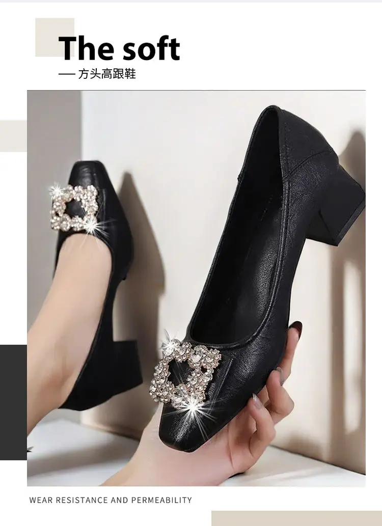 French-Style Rhinestone Single Shoes for Women, Chunky Heel, 2026 Spring and Autumn New Style, Shallow Mouth, Two-Way Wear, Square Toe Shoes, High Heels That Are Comfortable for Women — feature 2
