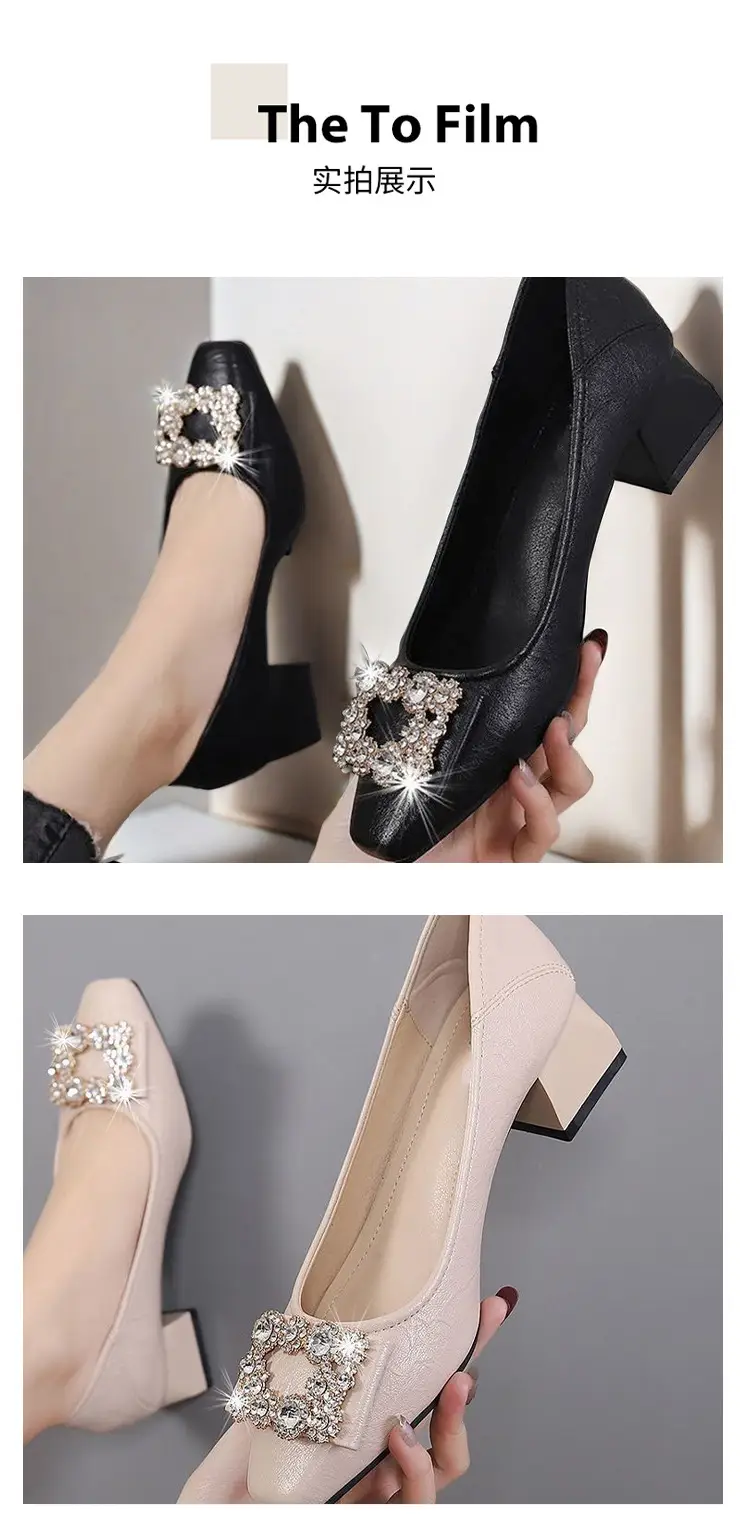 French-Style Rhinestone Single Shoes for Women, Chunky Heel, 2026 Spring and Autumn New Style, Shallow Mouth, Two-Way Wear, Square Toe Shoes, High Heels That Are Comfortable for Women — feature 9