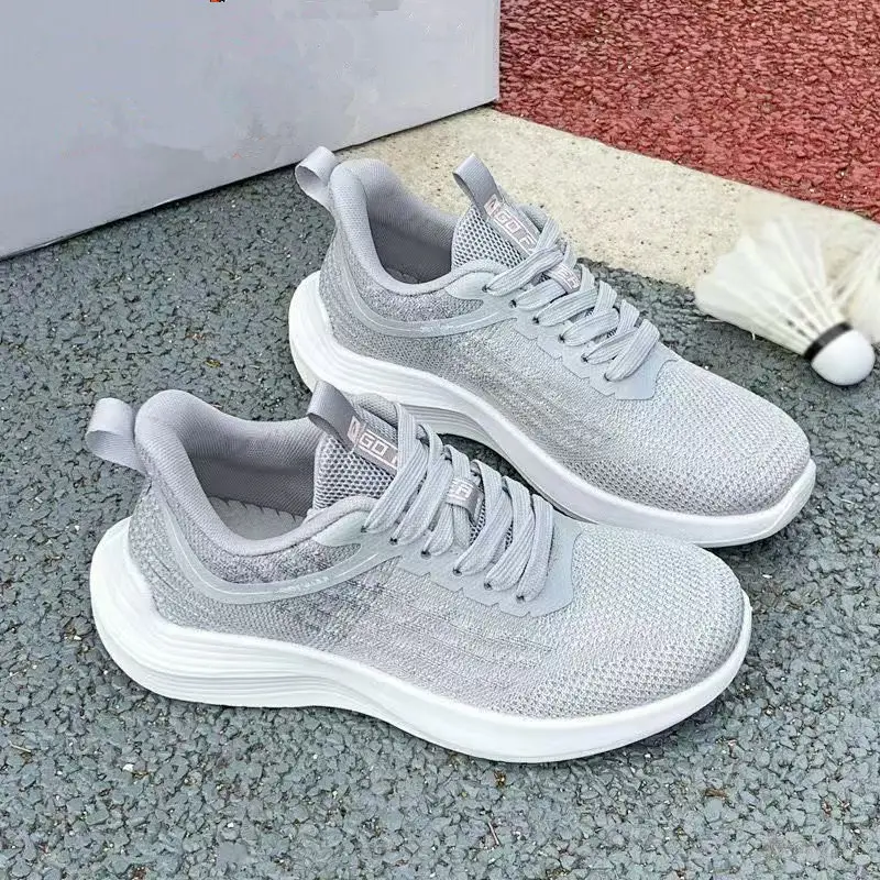 Women's Breathable Running Shoes White Gradient Lace-Up Thick Sole - Image 5