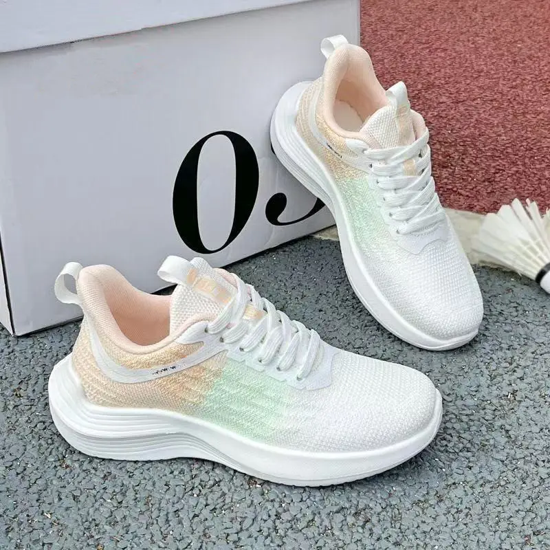 Women's Breathable Running Shoes White Gradient Lace-Up Thick Sole — feature 3