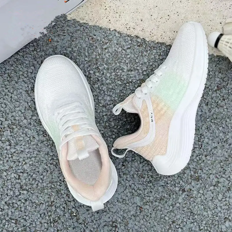 Women's Breathable Running Shoes White Gradient Lace-Up Thick Sole — feature 4
