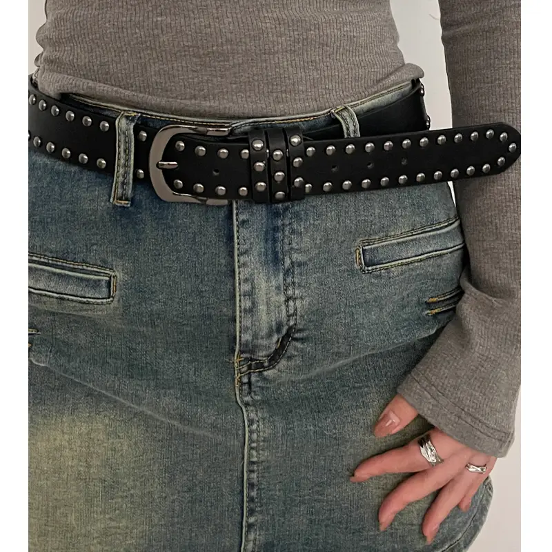 2024 New Leather Belt Women's Jeans All-match Women's Trousers Fashion Distinctive Rivet Belt High-end Black - Image 5