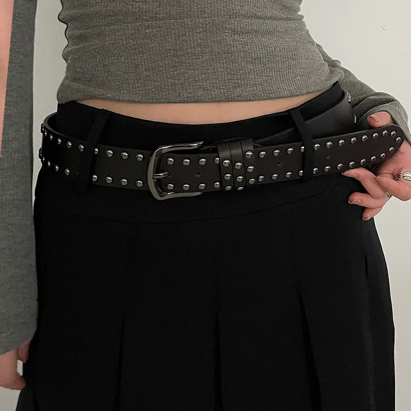 2024 New Leather Belt Women's Jeans All-match Women's Trousers Fashion Distinctive Rivet Belt High-end Black - Image 6