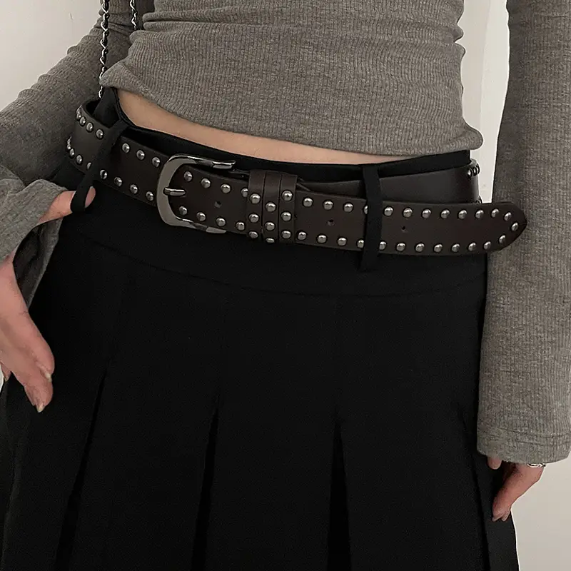 2024 New Leather Belt Women's Jeans All-match Women's Trousers Fashion Distinctive Rivet Belt High-end Black - Image 7