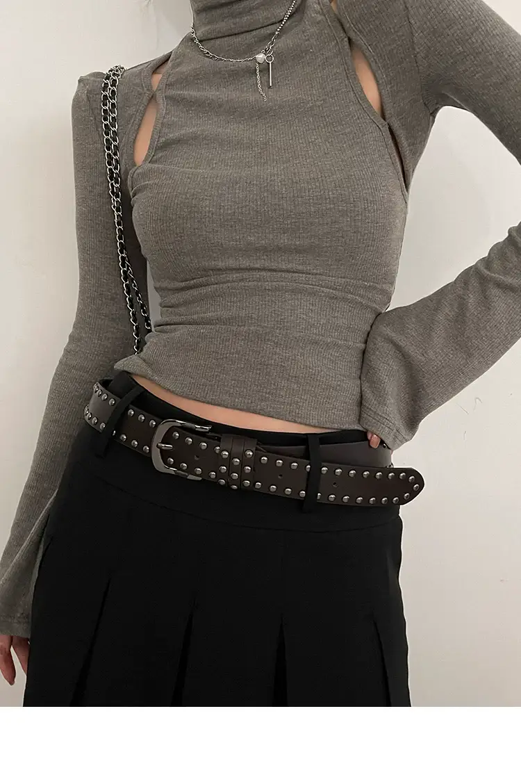 2024 New Leather Belt Women's Jeans All-match Women's Trousers Fashion Distinctive Rivet Belt High-end Black — feature 14