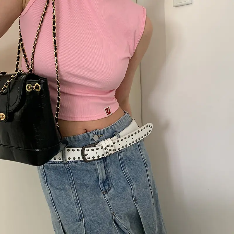 2024 New Leather Belt Women's Jeans All-match Women's Trousers Fashion Distinctive Rivet Belt High-end Black - Image 2