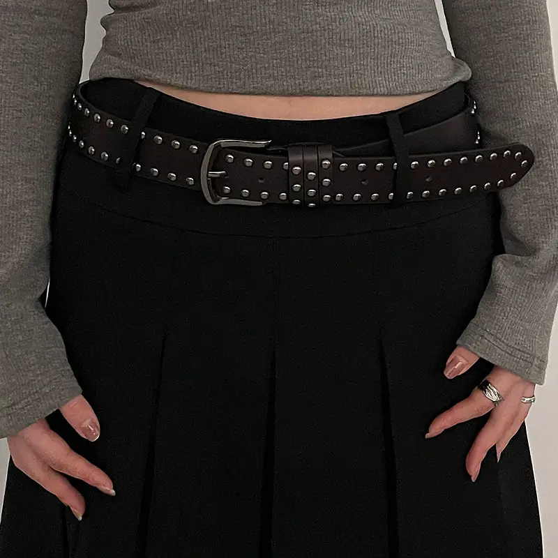 2024 New Leather Belt Women's Jeans All-match Women's Trousers Fashion Distinctive Rivet Belt High-end Black - Image 4