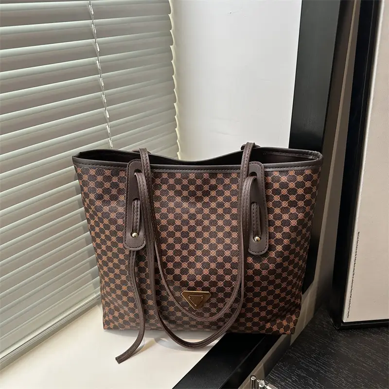 Women's Checkered Pattern Large Tote Bag Brown Leather - Image 4
