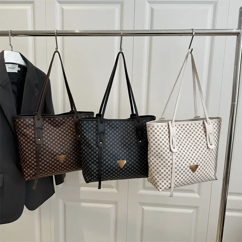 Women's Checkered Pattern Large Tote Bag Brown Leather - Image 7