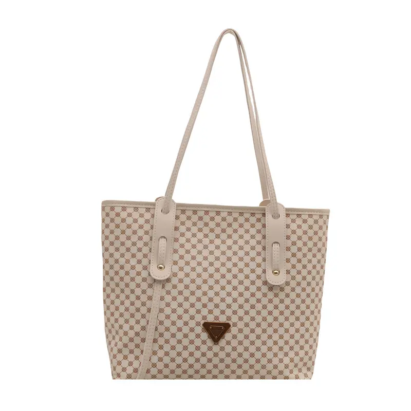 Women's Checkered Pattern Large Tote Bag Brown Leather - Image 8