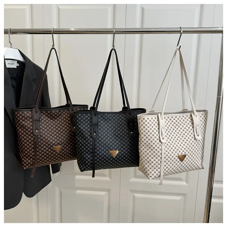 Women's Checkered Pattern Large Tote Bag Brown Leather — feature 10