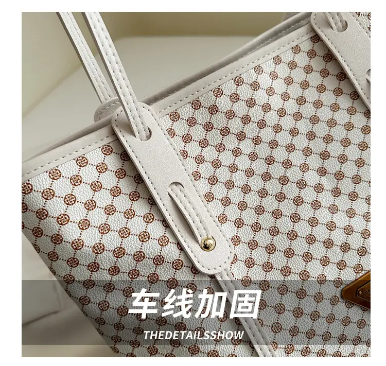 Women's Checkered Pattern Large Tote Bag Brown Leather — feature 5