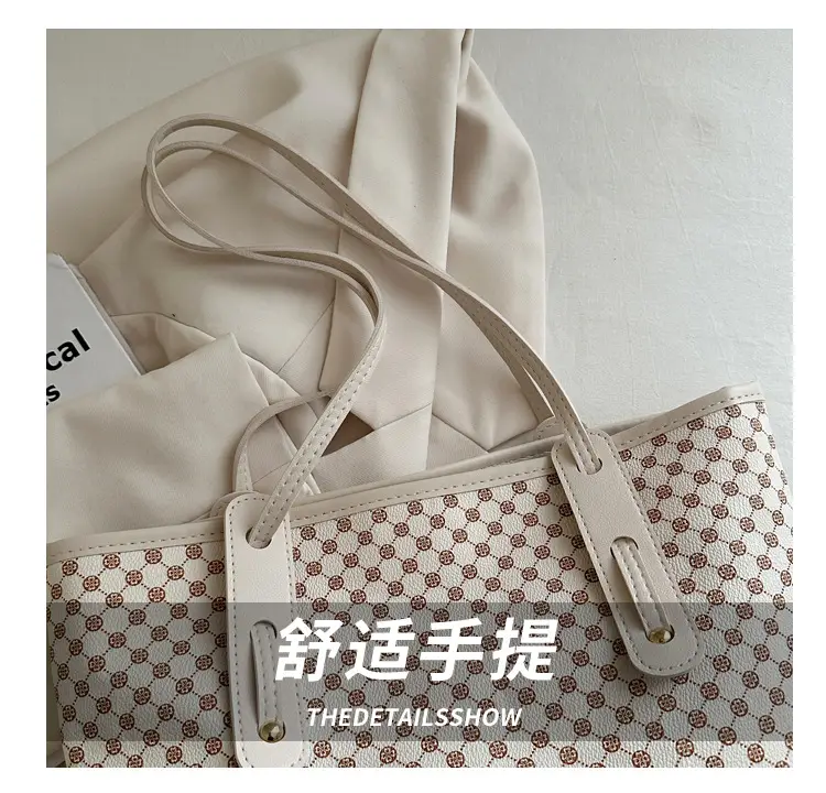Women's Checkered Pattern Large Tote Bag Brown Leather — feature 6